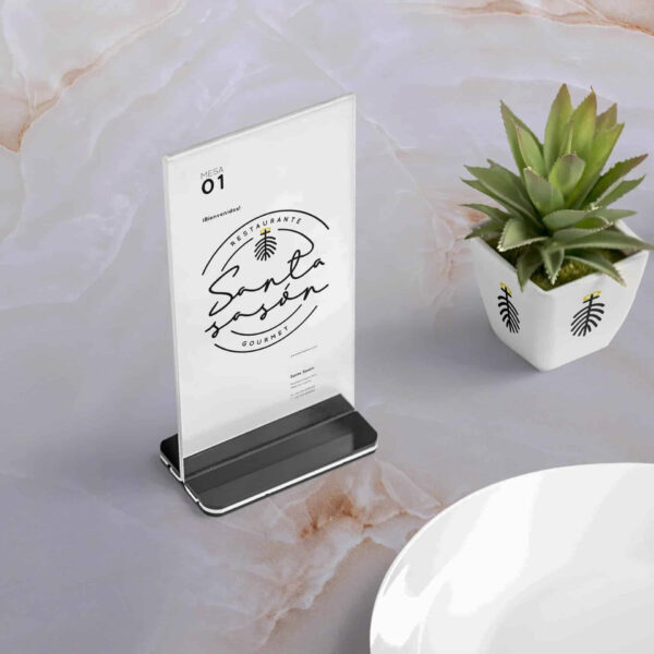 Mẫu menu nhà hàng, quán cà phê bằng mica trong suốt đế mica đen