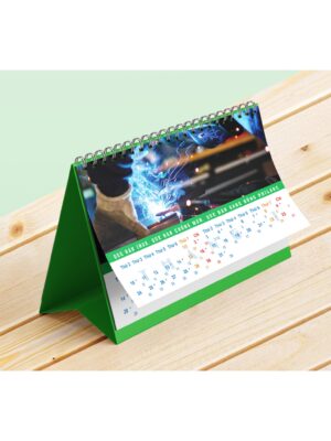 Mẫu thiết kế lịch để bàn màu xanh phong cách sản xuất cơ khí