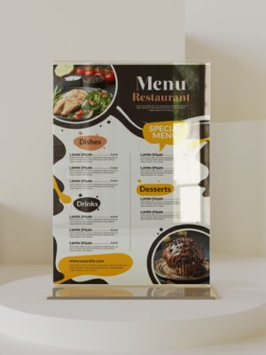 Menu nhà hàng thân đế bằng mica, nội dung giấy in