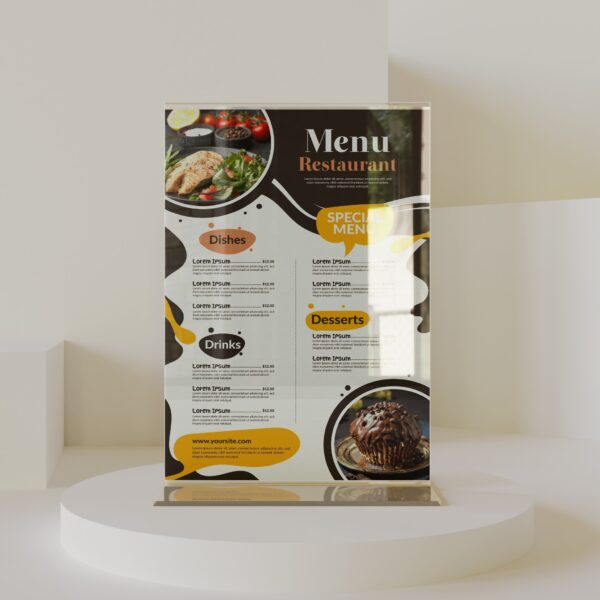 Menu nhà hàng thân đế bằng mica, nội dung giấy in