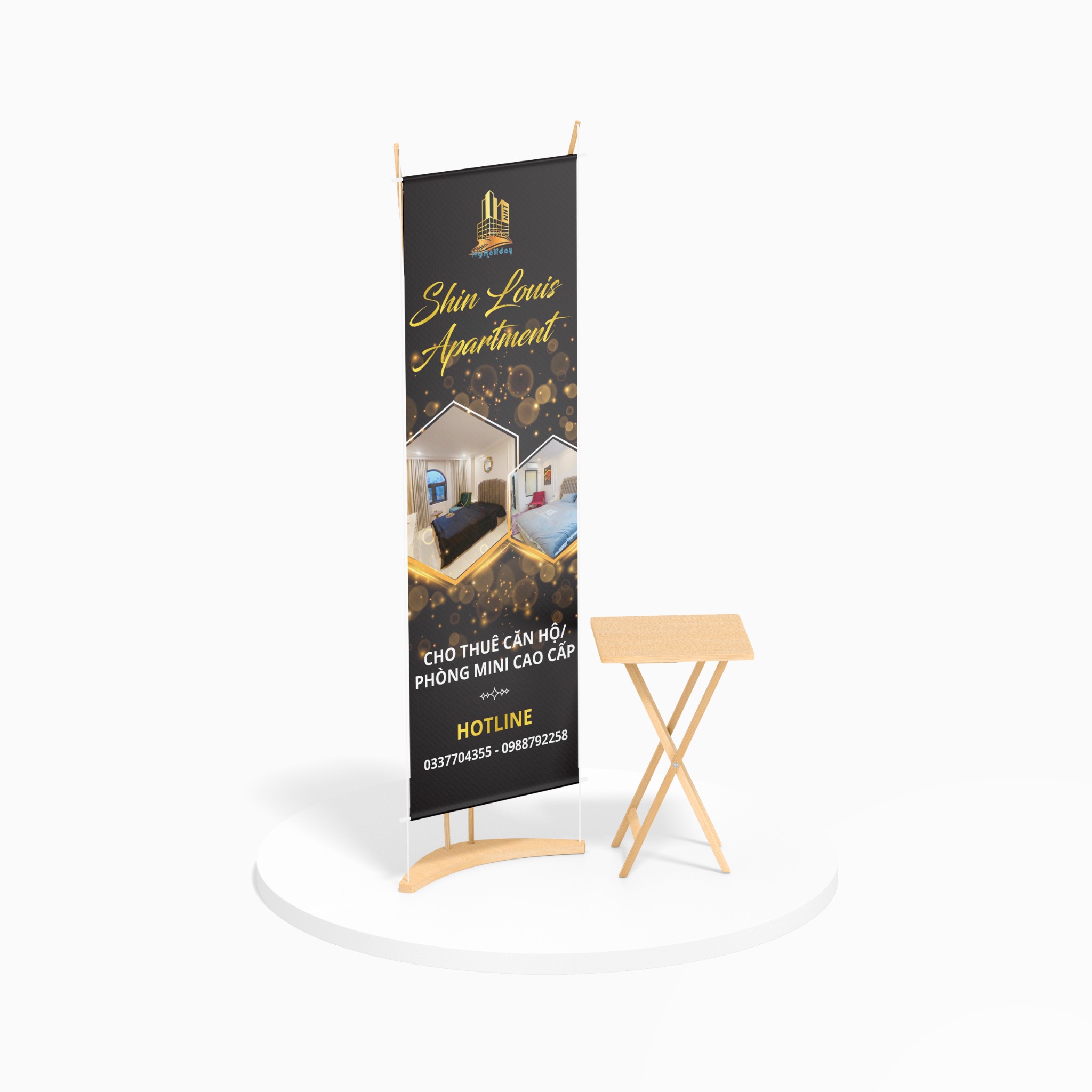 Standee giới thiệu dịch vụ bất động sản với khung treo tùy chỉnh