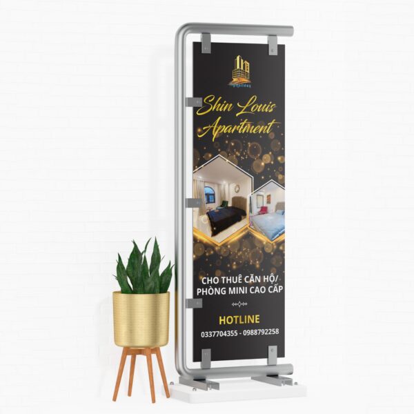 Standee lồng mica đặt trong khung thép không gỉ