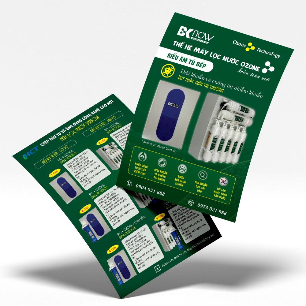Thiết kế tờ rơi sản phẩm máy lọc nước Ozone màu xanh lá cây