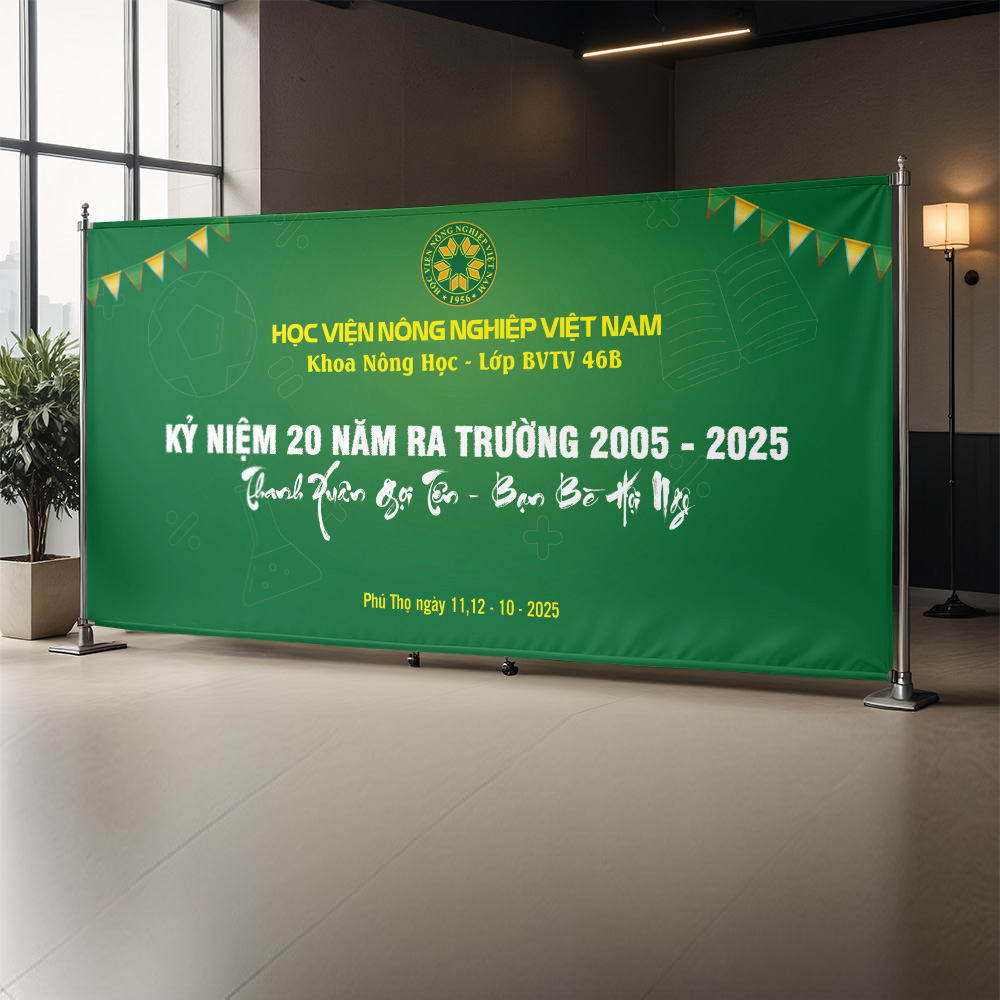 Thiết kế backdrop sự kiện kỷ niệm 20 năm ngày ra trường học viện Nông nghiệp màu xanh - Ảnh 2